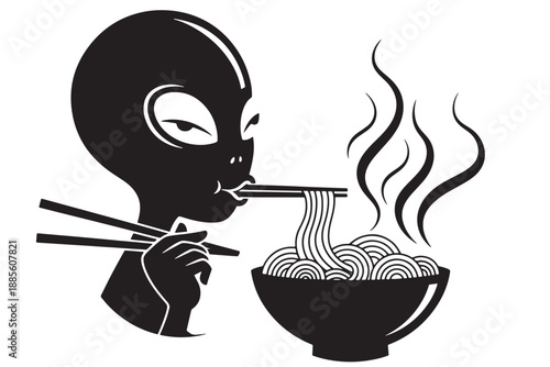 A cartoon alien eating noodles with chopsticks from a steaming bowl
