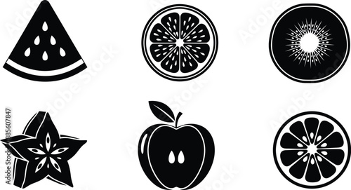 Fruit vector silhouette set with apple, watermelon, citrus, kiwi, starfruit icons