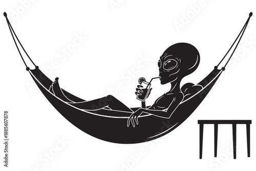 An alien relaxing in a hammock with a drink in hand on a white background