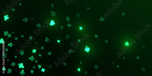 Casino pattern. Green flying glowing playing cards on black background. Sparkling hearts, clubs, diamonds and spades on dark. Online casino concept. Luxury vector illustration