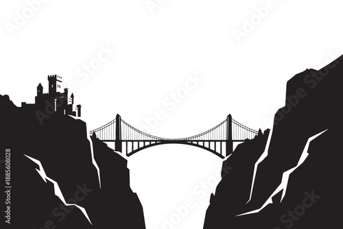 A dramatic black and white illustration of a castle and suspension bridge between two rocky cliffs