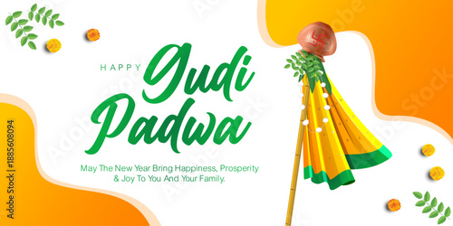 Elegant Happy Gudi Padwa vector illustration with clean white and orange abstract shapes and traditional Gudi. Ideal for corporate greetings, banners, posters and festival branding.
