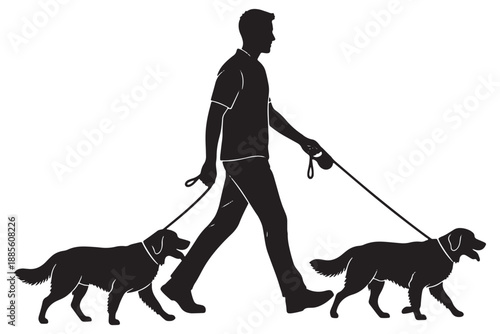 A man walking two dogs on leashes in a simple black silhouette against a white background