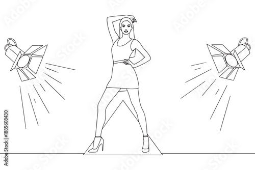 A woman poses confidently under bright stage lights in a simple outfit and high heels.