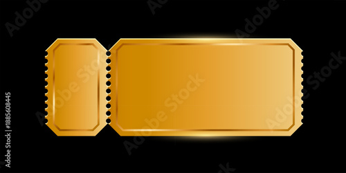 Golden ticket isolated on black background. Gold coupon, sticker, discount tag mockup. Cinema, theater, concert, party, event invitation entrance. Realistic vector illustration
