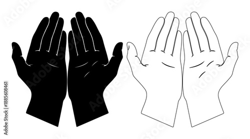 Praying hands icon, solid and outline vector set
