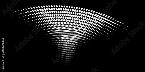 Abstract dotted wave. Halftone curved shape in white color isolated on black background. Curved and twisted gradients form. Trendy graphic vector illustration