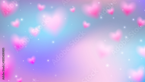 Heart romantic background. Pink Valentine day card. Soft rose hearts float on blue purple backdrop with glowing stars and smooth color transitions. Pastel dreamy vector illustration