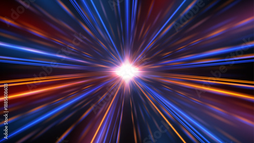 Light burst background with glowing rays and speed lines. Blue and red energy beams create dynamic motion effect on dark with bright neon flare and magical shine. Abstract vector illustration