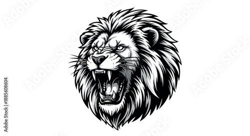 A black and white illustration of a roaring lion's head with an open mouth and sharp teeth on a plain white background.