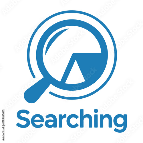 Blue magnifying glass icon with searching text on white background icon
