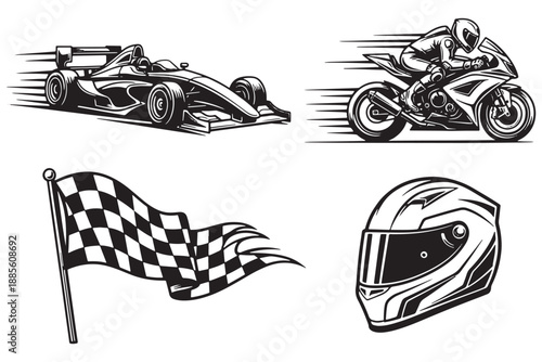 A black and white illustration of racing vehicles and accessories including a checkered flag.