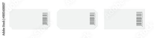 Blank barcode tickets set. Collection of white ticket stubs with different corner cuts and vertical barcodes on right side. Simple admission or product label template. Realistic vector illustration