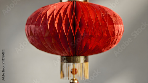 Red paper chinese lantern hanging from ceiling, traditional asian decoration for festive celebration and cultural holiday atmosphere in interior room