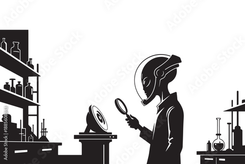 An astronaut in a laboratory examining a specimen with a magnifying glass