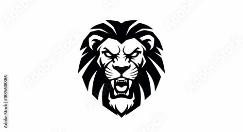 Black and white graphic illustration of a lion's head with an open mouth on a plain white background.