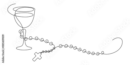Holly Communion. Chalice with rosary. Continuous line drawing. Christianity religion concept. Frame border.