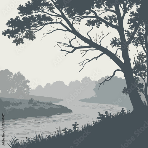 Atmospheric foggy riverbank landscape with soft vector overlays and muted colors, serene digital illustration.