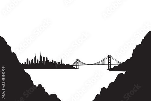 A black silhouette of a city skyline with a bridge over water between two rocky cliffs
