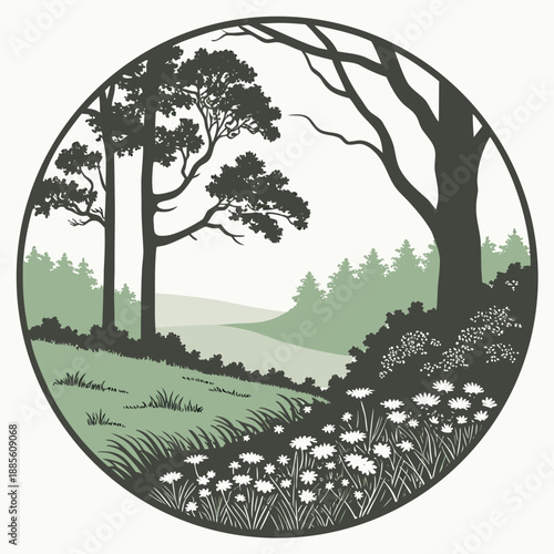 Peaceful forest clearing landscape with circular composition and dappled light, serene nature illustration.