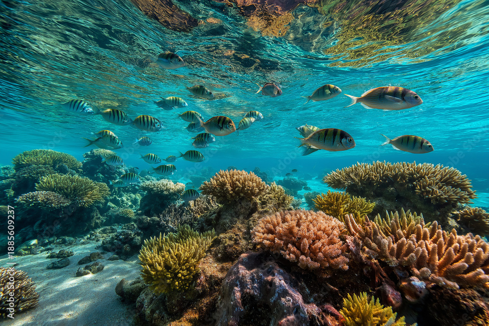 Obraz premium Colorful coral reef ecosystem thriving beneath sunlit ocean waves, home to a lively school of fish in crystal clear tropical waters, creating an idyllic underwater panorama