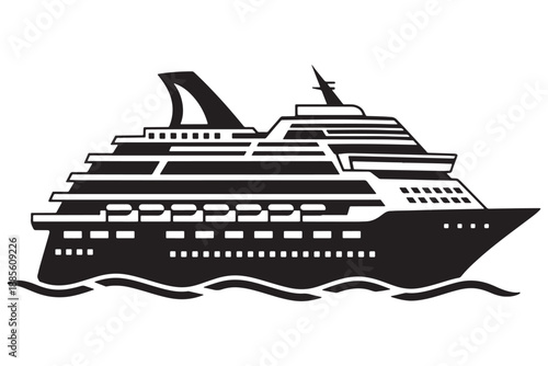 A black and white illustration of a large cruise ship sailing on the ocean