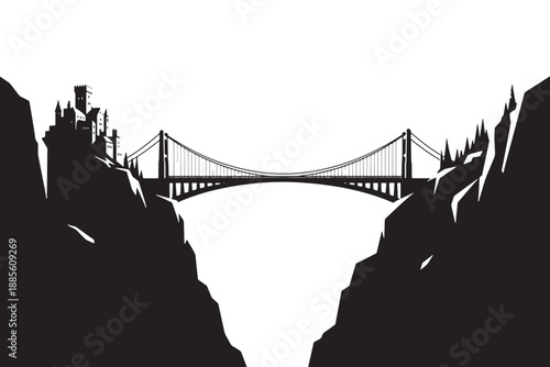 A dramatic black and white silhouette of a suspension bridge connecting a medieval castle to a rocky cliffside
