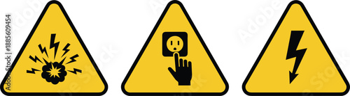 Danger warning sign icon set with explosion poison touch and lightning symbols in yellow triangle safety signage design