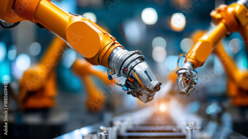 Side view of humans and robots working parallel on assembly line, faceless workers, automotive interiors production, orange robotic arms, focused collaboration, defocused factory, with copy