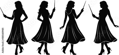 Mystical female wizard silhouettes holding magic wand, elegant fantasy poses, sorceress character design, enchanted power concept, and stylish women figures isolated on white background