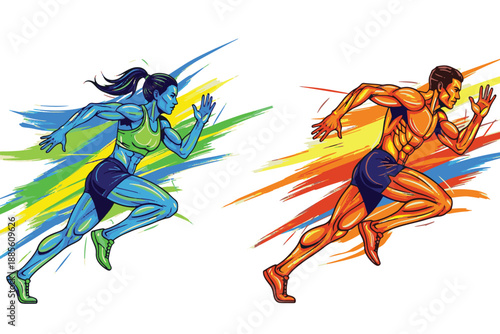 A man and woman running side by side in a dynamic and colorful illustration of athleticism and competition.