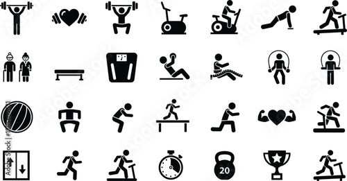 Fitness and workout icon set featuring gym exercises sports training activities health lifestyle symbols vector collection design