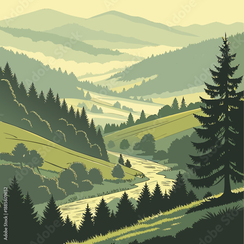 Hidden valley landscape using layered vector depth, secret natural oasis with lush greenery