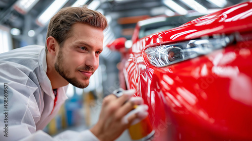 Man in white suit spraying red car with precision, faceless painter, bright automotive booth, repair paint service, professional finishing, defocused spray area, with copy space