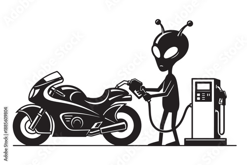 An alien is pumping gas into a sleek black motorcycle at a modern fuel station.