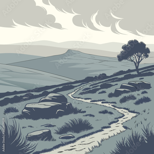 High altitude plateau landscape with cold vector patterns, barren terrain and vast sky, atmospheric nature scene