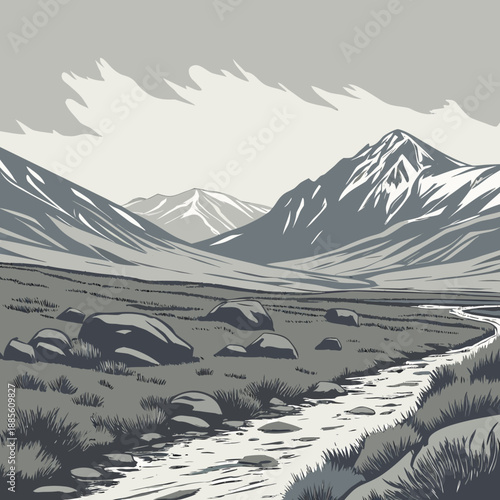 High altitude plateau landscape with cold vector patterns, barren terrain and vast sky, atmospheric nature scene