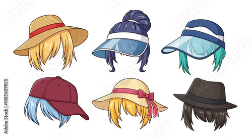 Cartoon heads wearing various trendy hats and caps
