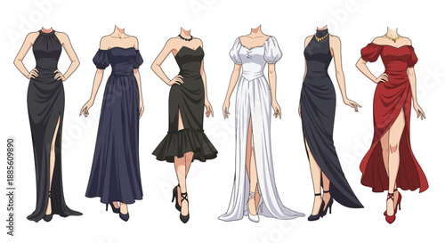 Elegant women in various stylish evening gowns and formal dresses