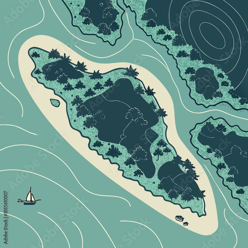 Abstract island chain landscape viewed from above, geometric vector art with clear blue water and land forms