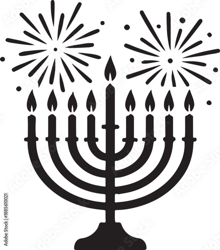 Bold black silhouette menorah with fireworks for Hanukkah, clean single icon, isolated on white background.