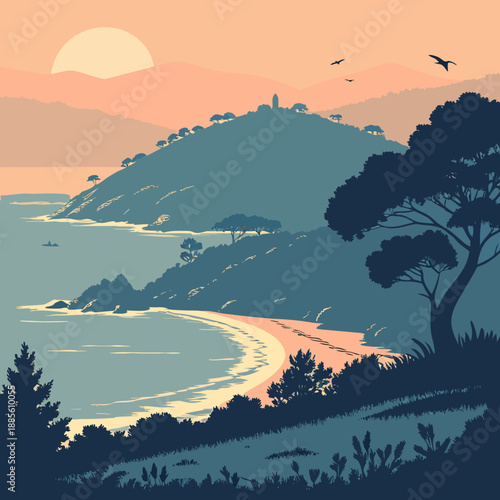 Tranquil island landscape at dusk with a soft, atmospheric feel, rendered in vector art.
