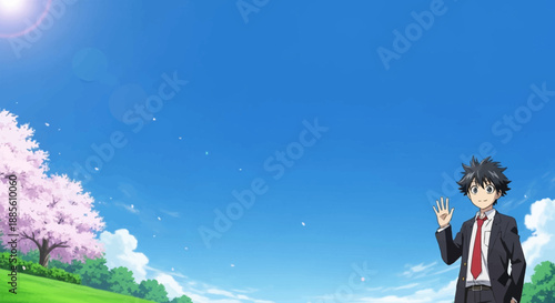 Young businessman waving in front of beautiful cherry blossom tree