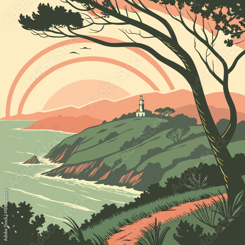 Geometric island sunrise landscape with concentric vector elements and soft dawn colors.