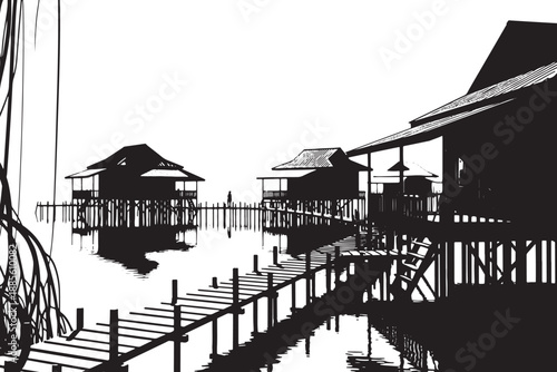 A serene black and white illustration of wooden houses on stilts over calm water with a dock leading to them.