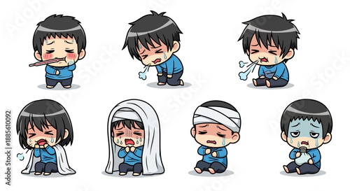 Cartoon boy showing various sickness symptoms and reactions