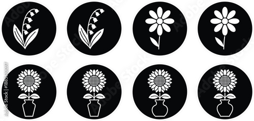 Floral icon set in circular shapes featuring flowers and potted plants with solid black background for decoration branding design