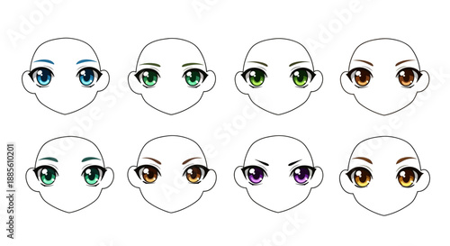Cartoon character faces with different eye colors and expressions