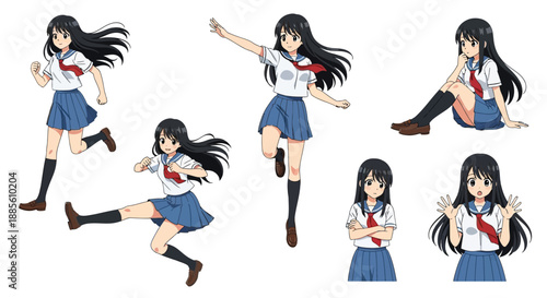 Anime schoolgirl in various dynamic poses and expressions
