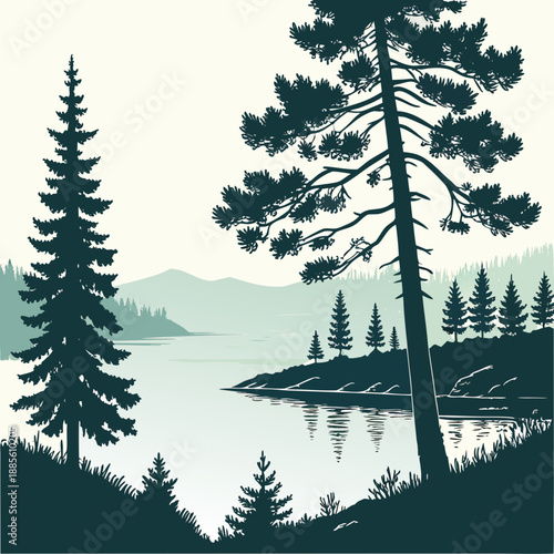 Minimalist lake and pine forest landscape utilizing negative space in a vector art style.